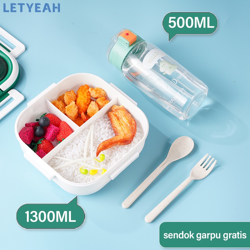 LetYeah 1300ml lunch box kotak makan set tas bekal dan 500ml botol air anti tumpah /BPA free