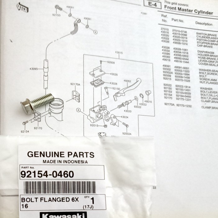 Baut Klem Breket Selang Rem Depan KLX 92154-0460