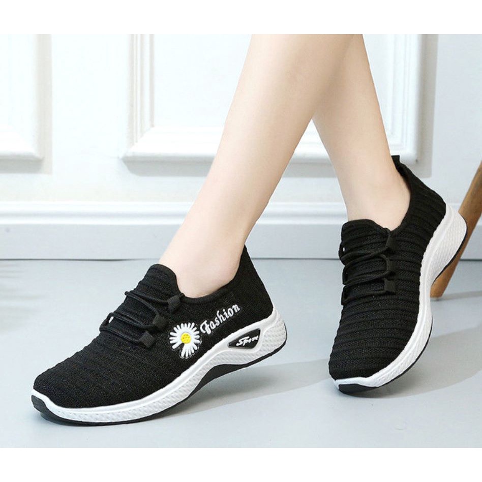 Sepatu Wanita Fashion Korea Nylon Sneakers Casual Flower Import SP062