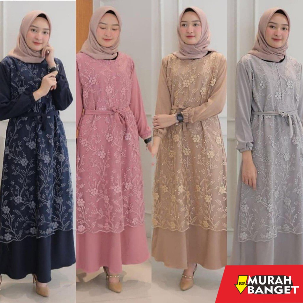 model gamis kombinasi polos terbaru 2022 [NEW DRESS] Alma Dress Mix - Brukat Bunga // Pakaian Muslim Wanita // Gamis Brukat Bunga Polos