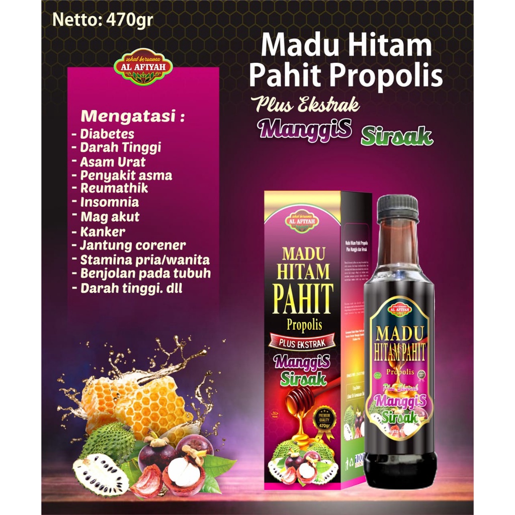 

Madu Hitam Pahit Plus Propolis ekstra Sirsak Manggis Al Afiyah Isi 470 gr