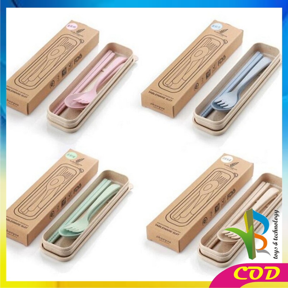 RB-C176 Sendok Garpu Sumpit 3in1 Travel Cutlery Set Alat Makan Set Korea Bahan Jerami Gandum Impor