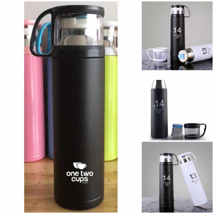 Botol Minum Thermos dengan Gelas Cup Head 500ml Botol Termos Air - Termos Mini Kecil Air Panas Stain