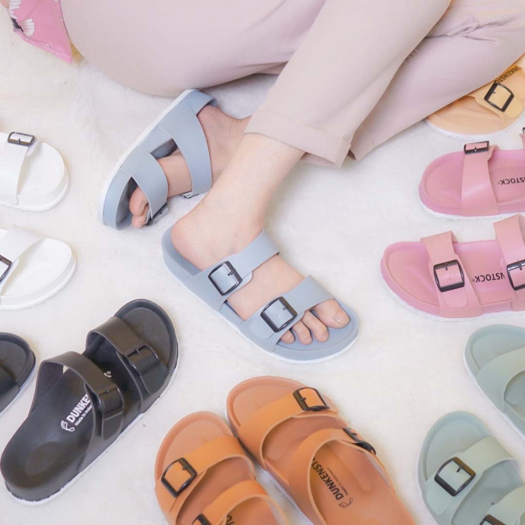 Dunkenstock BX Sandal slop wanita casual sandal selop cewek sol karet model birken gesper ban dua kekinian