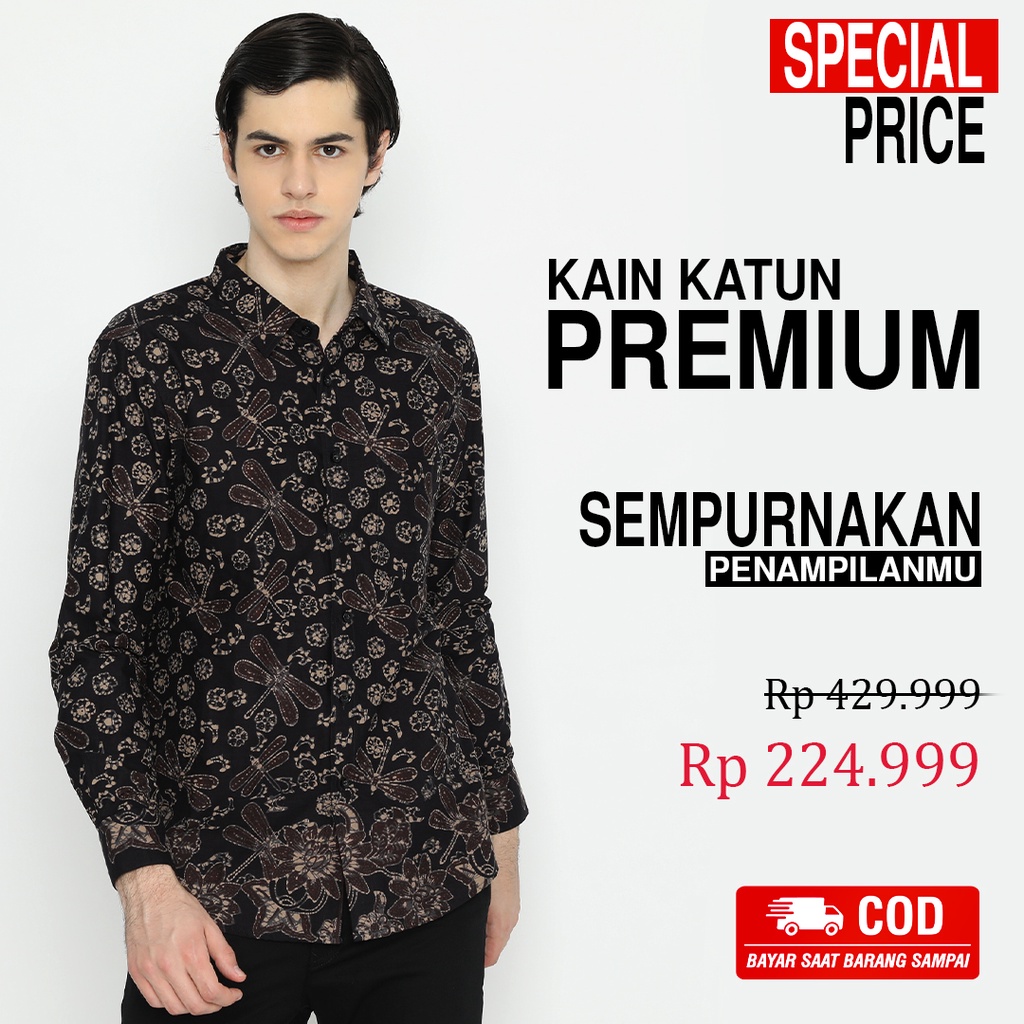 KEMEJA BATIK PRIA Lengan Panjang Slimfit Slim Fit Premium Motif Capung Warna Hitam 725295 Cap 72 - Baju Kemeja Atasan Pakaian Setelan Batik Pria Cowok Laki Laki Remaja Keluarga Kantor Lengan Panjang Modern Slimfit Slim Fit Premium Kekinian