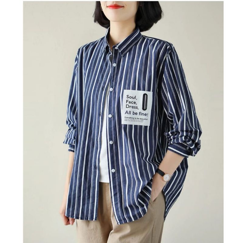 MDLV ~ 7845# Jammie Striped Shirt Kemeja Garis Navy Import