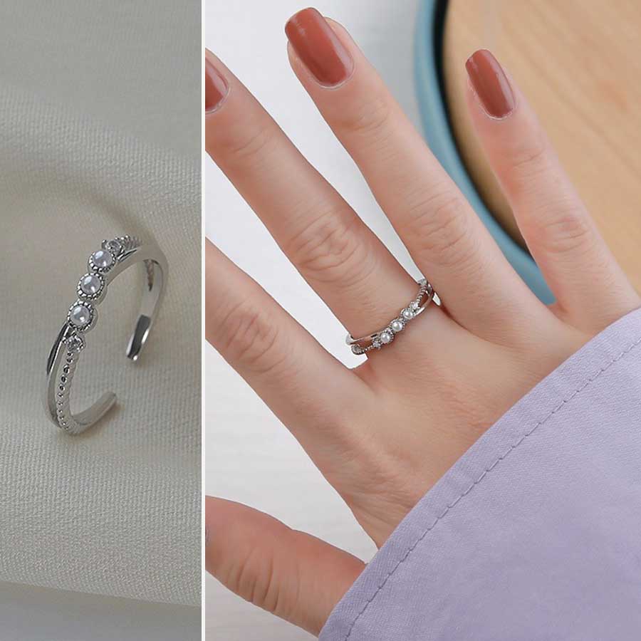 Elegan Kristal Berlian Mutiara Cincin Perak S925 Perhiasan Fashion Wanita Pertunangan Pernikahan Rings Ukuran teleskopik