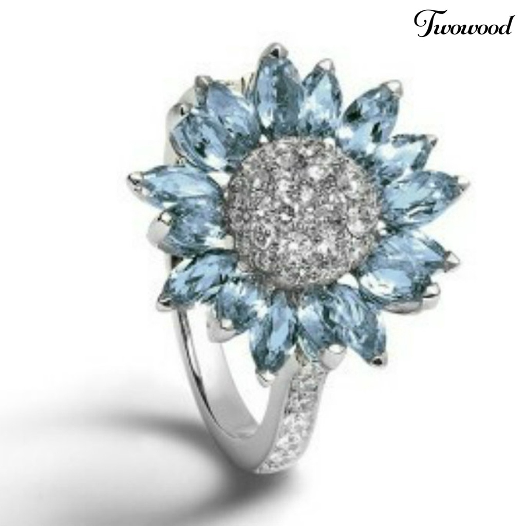 Cincin Wanita Bentuk Bunga Matahari Bahan Cubic Zirconia Warna Putih Aquamarine Untuk Pernikahan