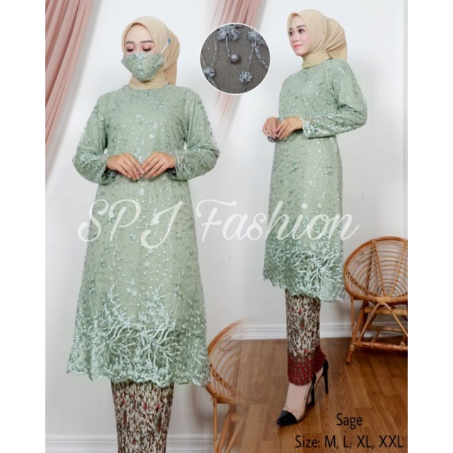 (REALPICT) stelan kebaya tunik tulle bordir/kebaya modern/kebaya tunik burkat/set kebaya seragaman pesta/wisuda/couple keluarga best terlaris