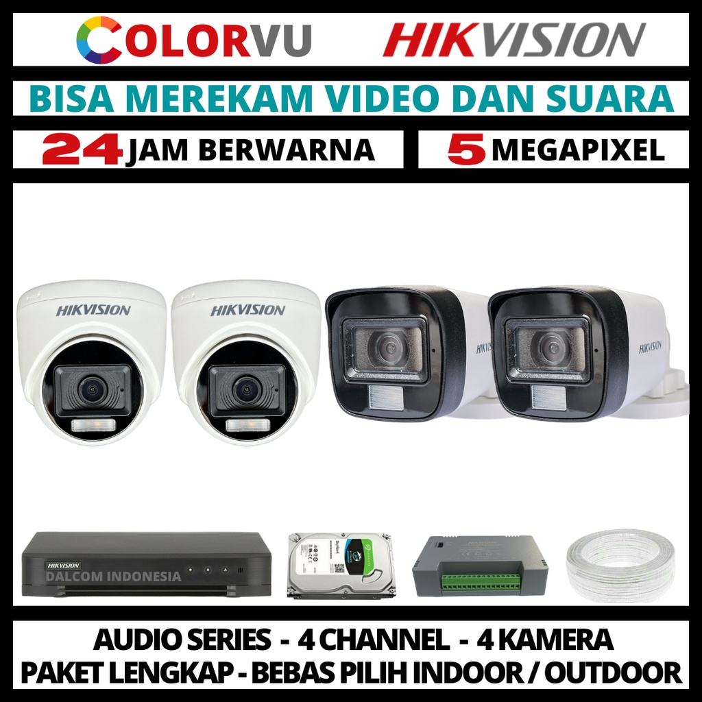 PAKET CCTV HIKVISION COLORVU 5MP 4 CHANNEL 4 KAMERA COLORFUL