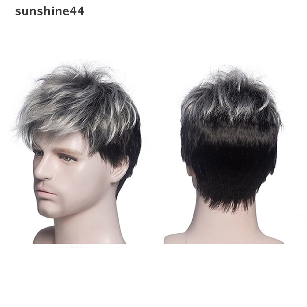 Sunshine Wig / Rambut Palsu Pria Model Pendek Keriting Warna Abu-Abu Tua / Coklat Tua