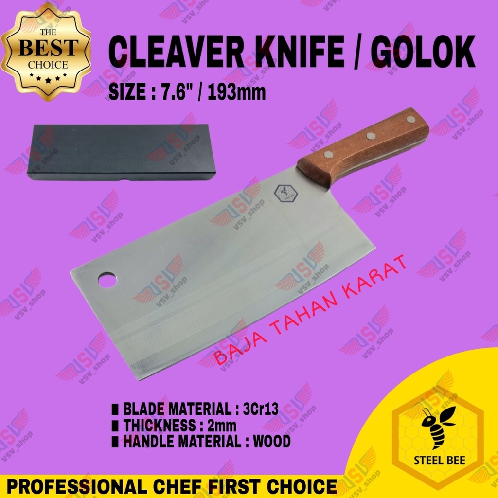 Steel Bee Pisau Dapur Pisau Daging Gagang Kayu Premium Cleaver 7.6&quot; Tahan Karat