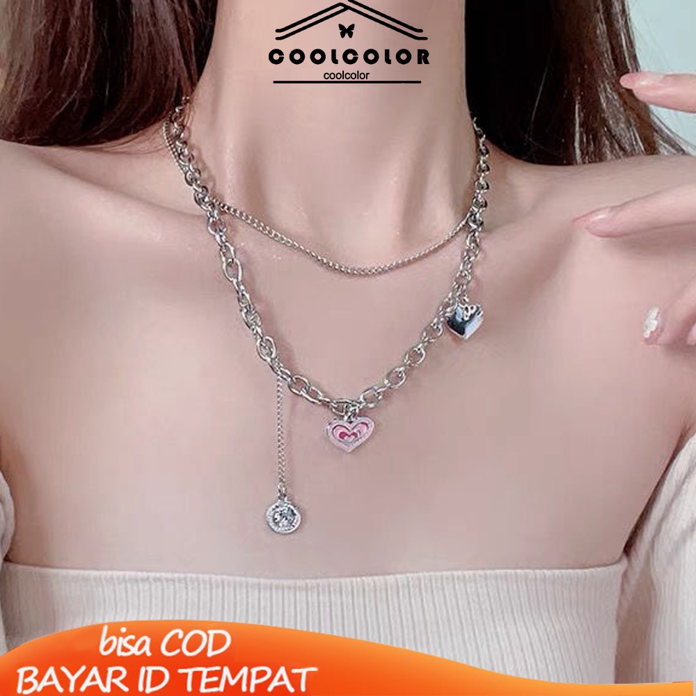 COD❤️Kalung Korea Cinta Rantai Klavikula Kepribadian Hip Hop Bertumpuk Lapisan Ganda Wanita Hip Hop Anti Karat Dan Luntur Mewah Multi-layer Retro Murah Import