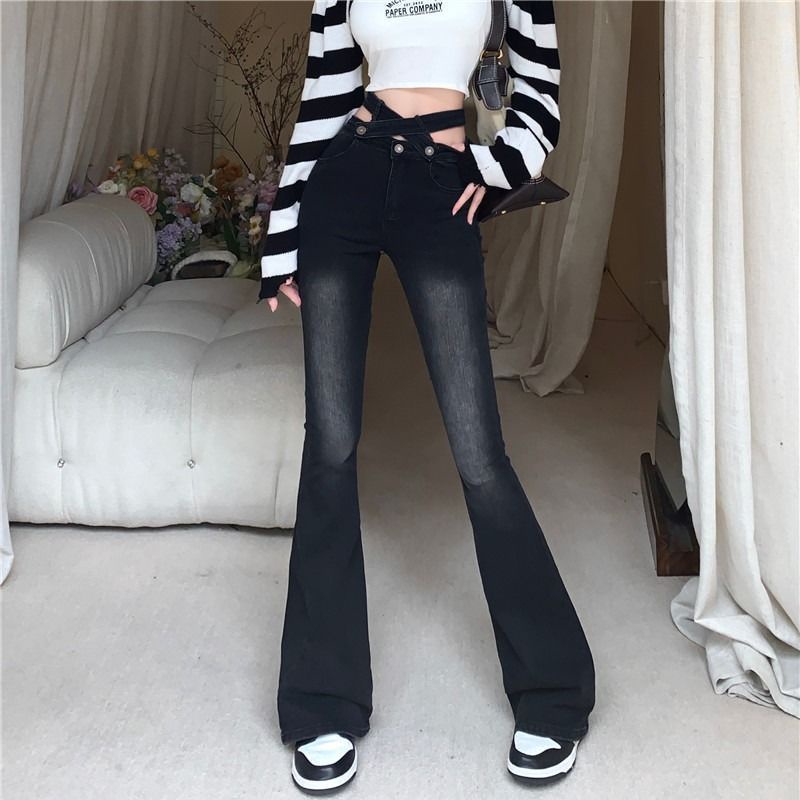 Suhao Plus Ukuran Gaya Hong Kong Retro Jeans Wanita Musim Gugur Baru Cross Sabuk Tinggi Pinggang Ramping Tubuh Menutupi Daging Menampilkan tipis Micro Booth Celana