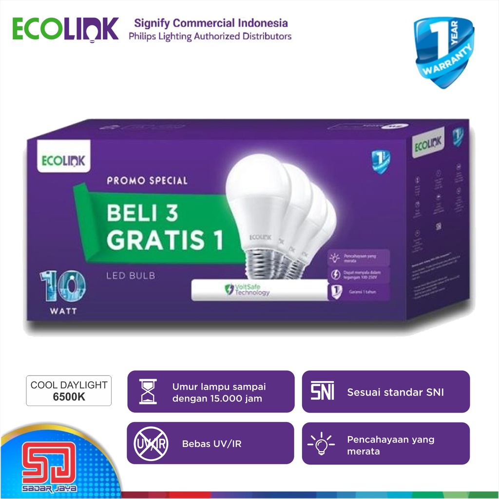 Paket Beli 3 Gratis 1 ECOLINK Lampu 10W LED 10Watt Bulb Bohlam 10 Watt - 6500K Cool Daylight Putih