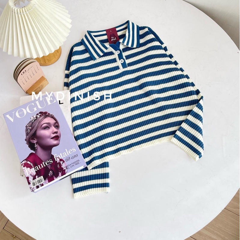 [BISA COD] Freya Crop Blouse / Atasan Blouse Wanita Berkerah Polo Motif Stripe / Freya Polo Oversize