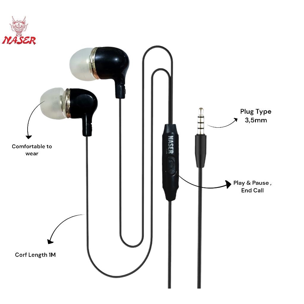 HEADSET HF MUSIC HANDSFREE NASER BLACK WHITE MUSIC  PLUS PACK