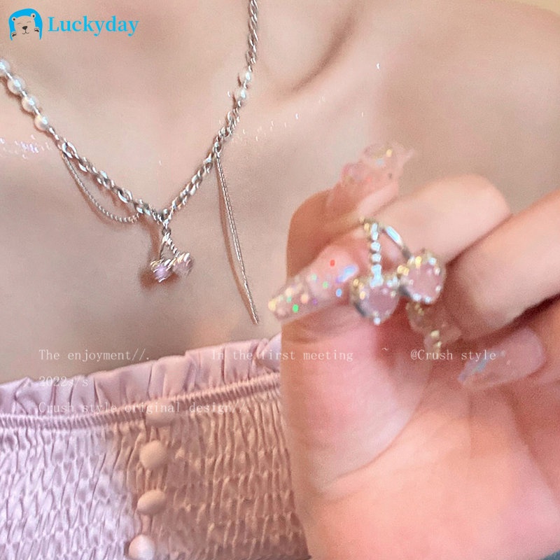 YEEZII Kalung Rantai Choker Liontin Cherry Pink Aksen Mutiara Untuk Wanita