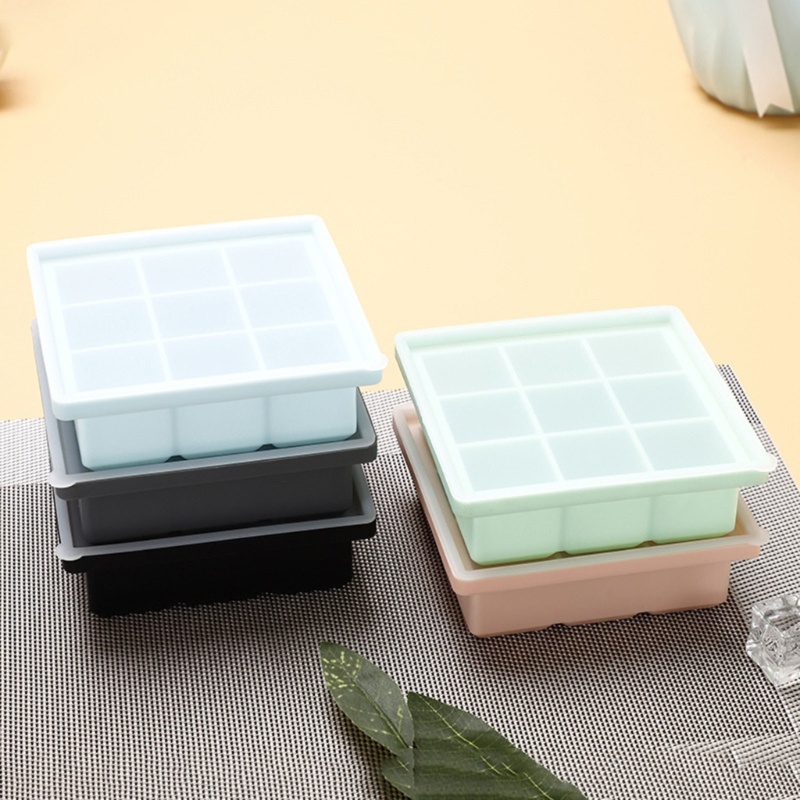 Mary 1pak Ice Cube Tray Silicone Nampan Es Dengan Tutup Grade Cetakan Es Batu Cetakan 9-Grid Mudah Dilepaskan Cetakan Es Batu