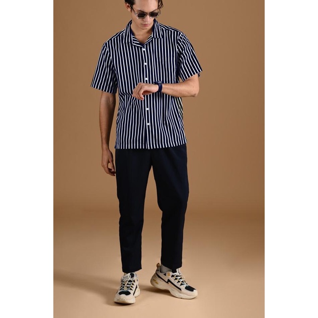 KEMEJA PREPP STUDIO SHORT STRIPE SHIRT DUAL COLLAR STYLE NAVY - S