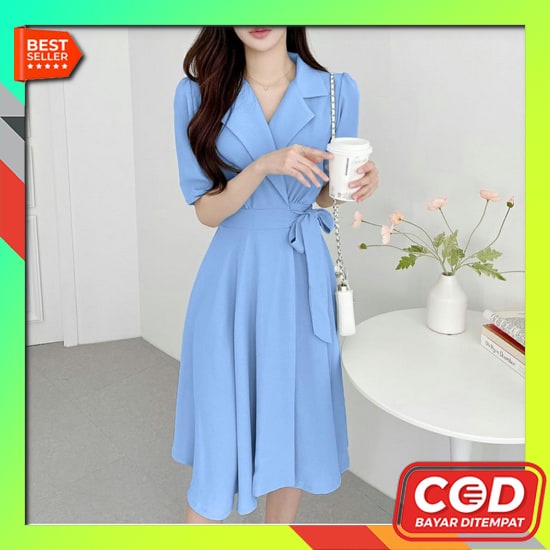 Baju Kemeja Wanita Panjang Casual Lengan Pendek Atasan Tunik Dress Cewek Salur Korea Lengan Pendek O