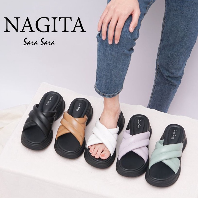 Sara Sara NAGITA Sandal Slop Wanita Kekinian Sandal Wedges Cewek Hak Platform Terbaru