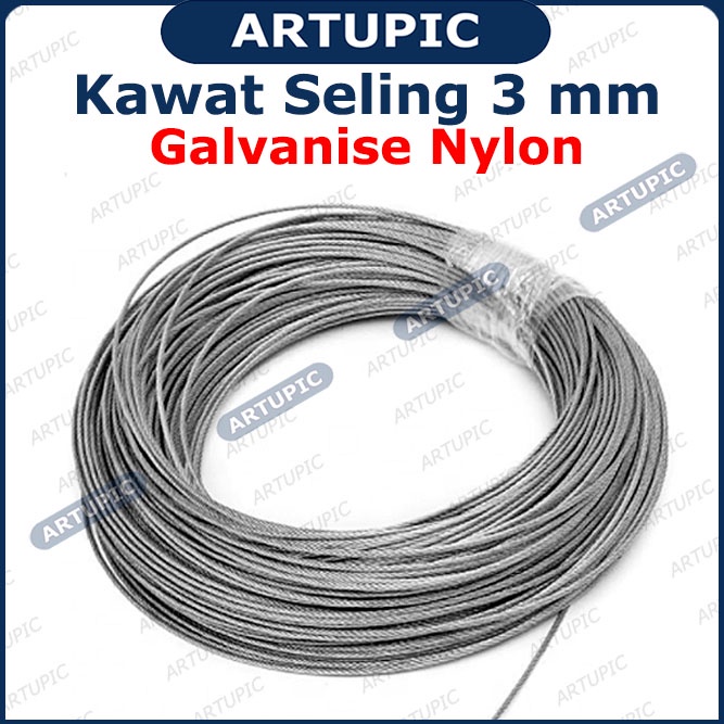 Kawat Seling 3 mm Galvanise Nylon | Kawat Selling Sling Baja Galvanise Wire Rope 3mm Cocok untuk Pulley Katrol Hand Winch Artupic