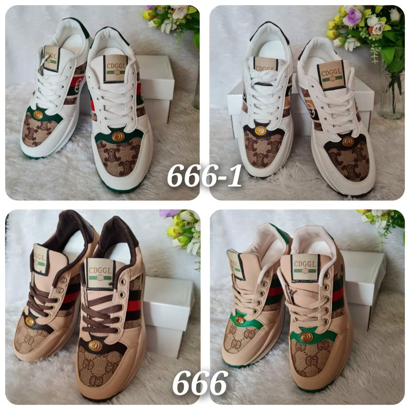 SEPATU WANITA WEDGES IMPORT FASHION GG KULIT-KANVAS KODE : 666 Brown KoDE: 666-1 White