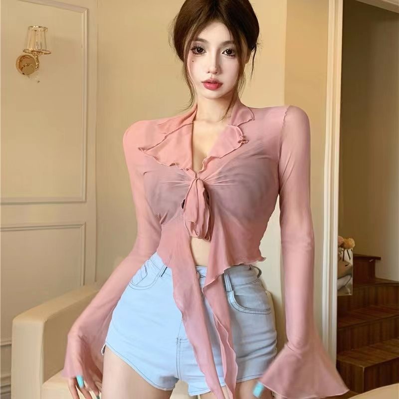 Suhao Warna Solid Mesh Lengan Panjang T-shirt Wanita Murni Keinginan Seksi Gadis Panas Strapping Terompet Lengan Sedikit Transparan Tipis Pendek Top In Pasang