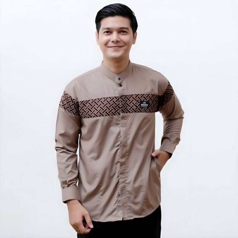 Baju Koko Pria Lengan Panjang Motif Kobata Kombinasi Batik Warna Coksu Bahan Toyobo