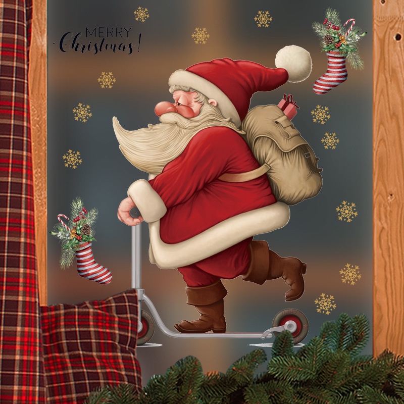 Stiker Jendela Desain Santa Claus Dan Kepingan Salju Bahan PVC Dengan Perekat Untuk Dekorasi Natal