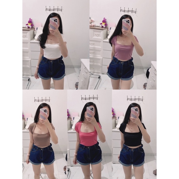 Croptop square lengan pendek | Croptop kimmi leher square lengan pendek | atasan crop square korean style | korean fashion import | aquarius boutique89