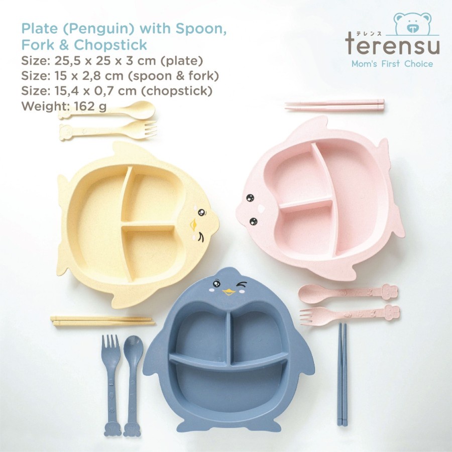 TERENSU Set Piring Makan Anak + Sendok Garpu Sumpit Motif Pinguin