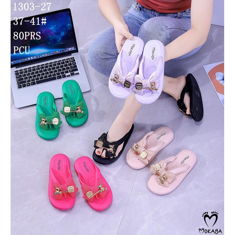 Sandal Jepit Jelly Wanita Motif Pita Besar Permata Bear &amp; Boba Super Empuk Cantik Mewah Trendy Import Mokaya / Size 37-41 (8211-30/8211-31/1303-27)