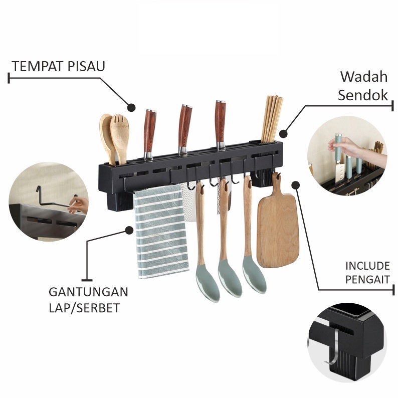 KAGK Rak Pisau Dinding Dapur Rak Gantung Pisau Stainless Steel Rak Gantung Dapur Multifungsi Rak Tempel Tanpa Bor
