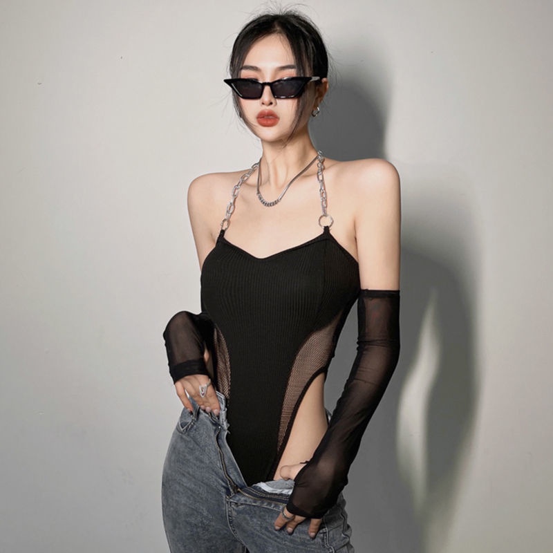 Red Rapcopter Eropa dan Amerika Sexy Mesh Chain Sling Bodysuit Wanita + Lengan Knit Slim Hot Girl Top Trendy