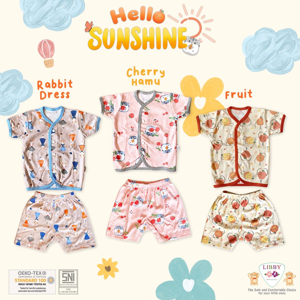 LIBBY Baju/ Setelan Baju Pendek Kancing Depan Libby 0-3M 3-6M SML