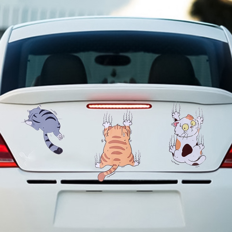 Stiker Mobil Motif Kartun Kucing Memanjat Bahan Vinyl Anti Air / Gores