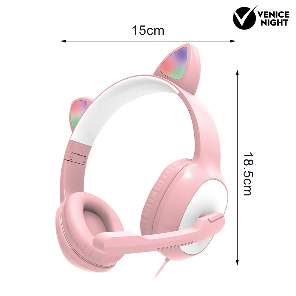 (VNEP) (Berkabel) G19 Headset Pengurang Kebisingan Bentuk Telinga Kucing 7.1 Saluran HiFi Over Ear Headphone dengan Mikrofon untuk Bermain Game