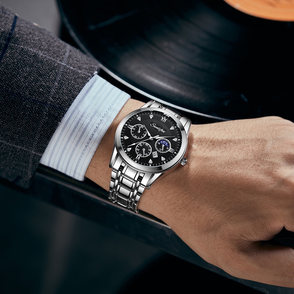 Sunlifex Jam Tangan Pria Original 9004A Kuarsa Calendar Tali Stainless Steel Mode Santai Jam Tangan Cowok-3
