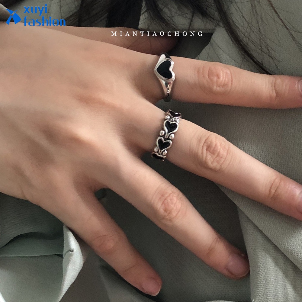 2pcs / Set Cincin Silver Desain Hati Hitam Untuk Wanita