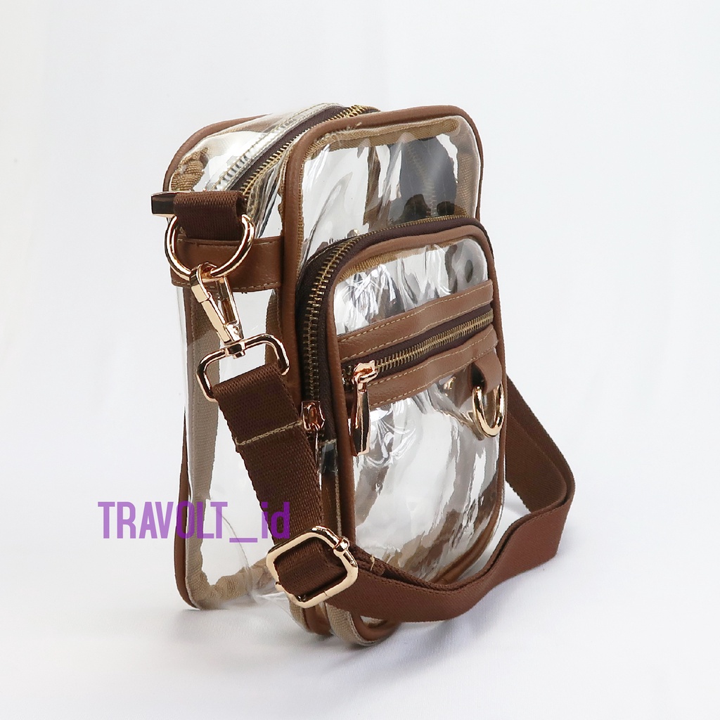 Tas Selempang Transparan Resleting - Kulit Coklat -Travolt - Sling bag pouch - Tas PVC Mika tebal - Tas Konser KPOP - iseul