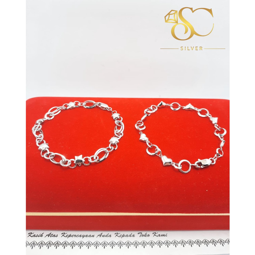 Gelang Tangan Wanita Rantai Liontin Hati Bintang Asli Perak Silver 925 Lapis Emas Putih Model Gelang