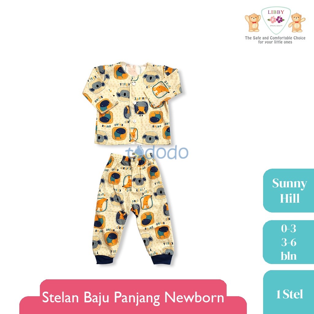 Baju Bayi Setelan Lengan Panjang Kancing Depan Piyama Anak Newborn 0 3 6 Bulan Motif LIBBY Motif Sunny Hill (1 stel)