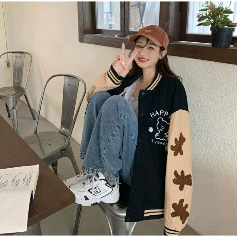 V Happy Baseball Jacket Wanita Oversize | Sweater Jaket Varsity Wanita Kekinian Lucu