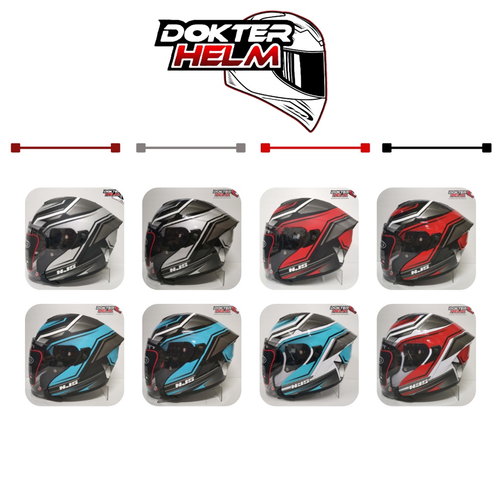 HELM HALF FACE NJS KAIROZ MOTIF ZENITH BLACK RED GLOSSY DOUBLE VISOR HELMET