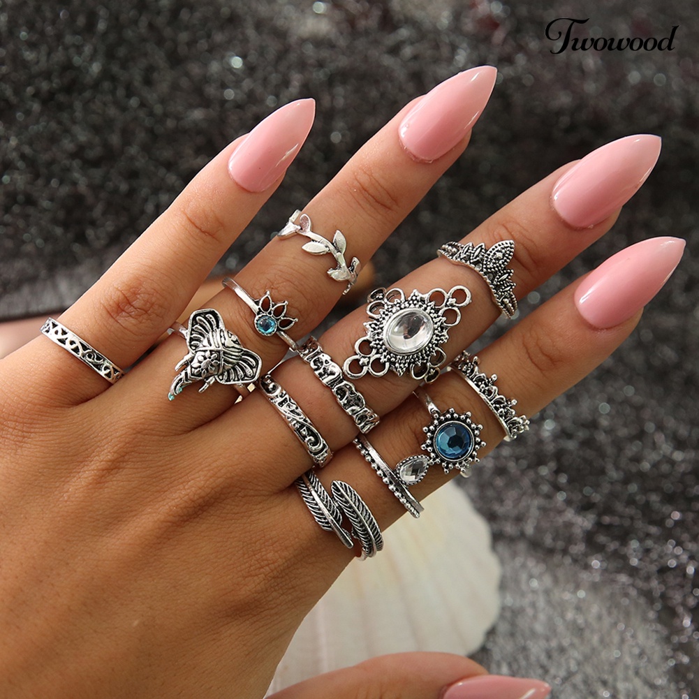 12 Pcs Perhiasan Cincin Knuckle Stacking Aksen Batu Permata Berlian Imitasi Gaya Vintage Boho Untuk Wanita