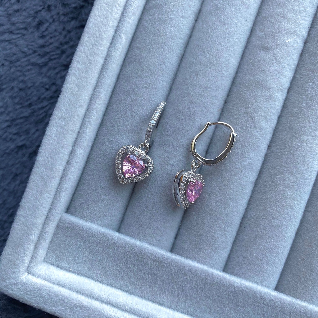 Barbie Anting 925 Silver Shiny Pink Cubic Zirconia Bentuk Hati Untuk Wanita