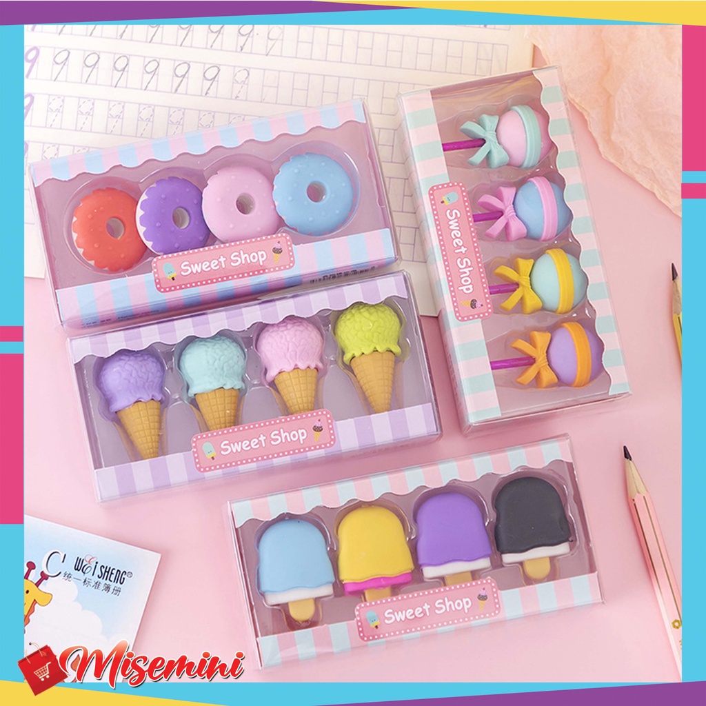

Ⓜ️Ⓜ️️Penghapus Pensil Karakter Sweet Shop Cone Lolipop Ice Cream Donut Set 4