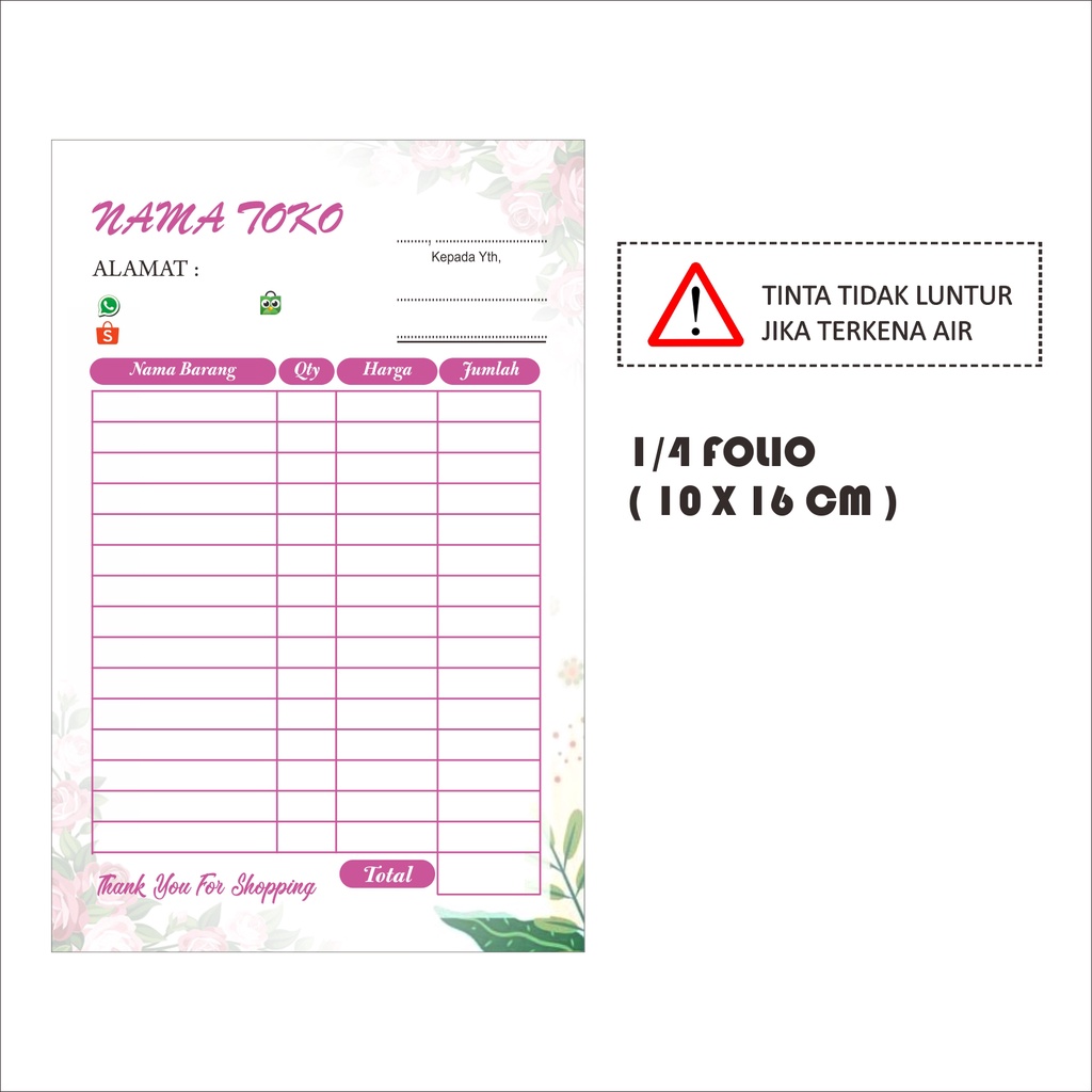 

Nota Costom Nama Toko / laundry / kwitansi 1/4 FOLIO
